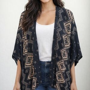 Angie Boho Black and Cream Patterned Kimono Open Cardigan Geometric